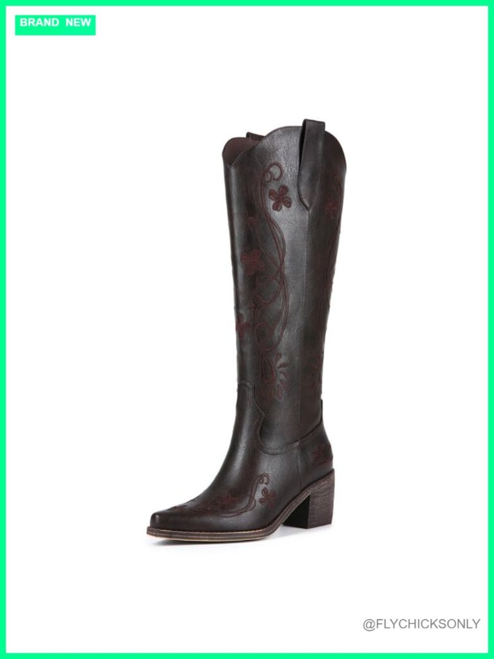 Women's Knee High Western Cowboy Boots Faux Leather Floral Embroidered Pull On